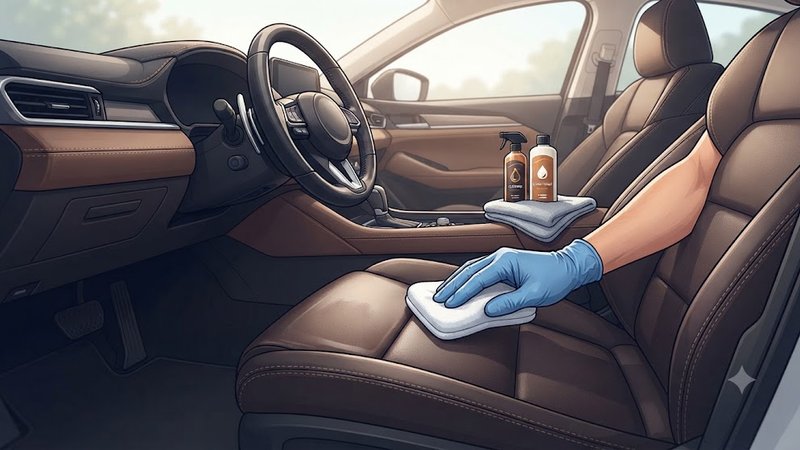 Процесс ухода за кожаным салоном автомобиля с использованием специальных средств для очистки сидений